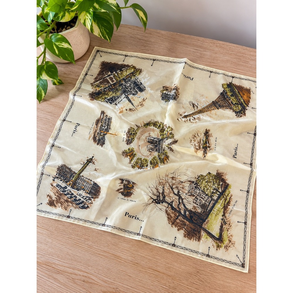 Vintage Rhodia Paris Souvenir Scarf Acetate Square Landmarks Cream French Eiffel